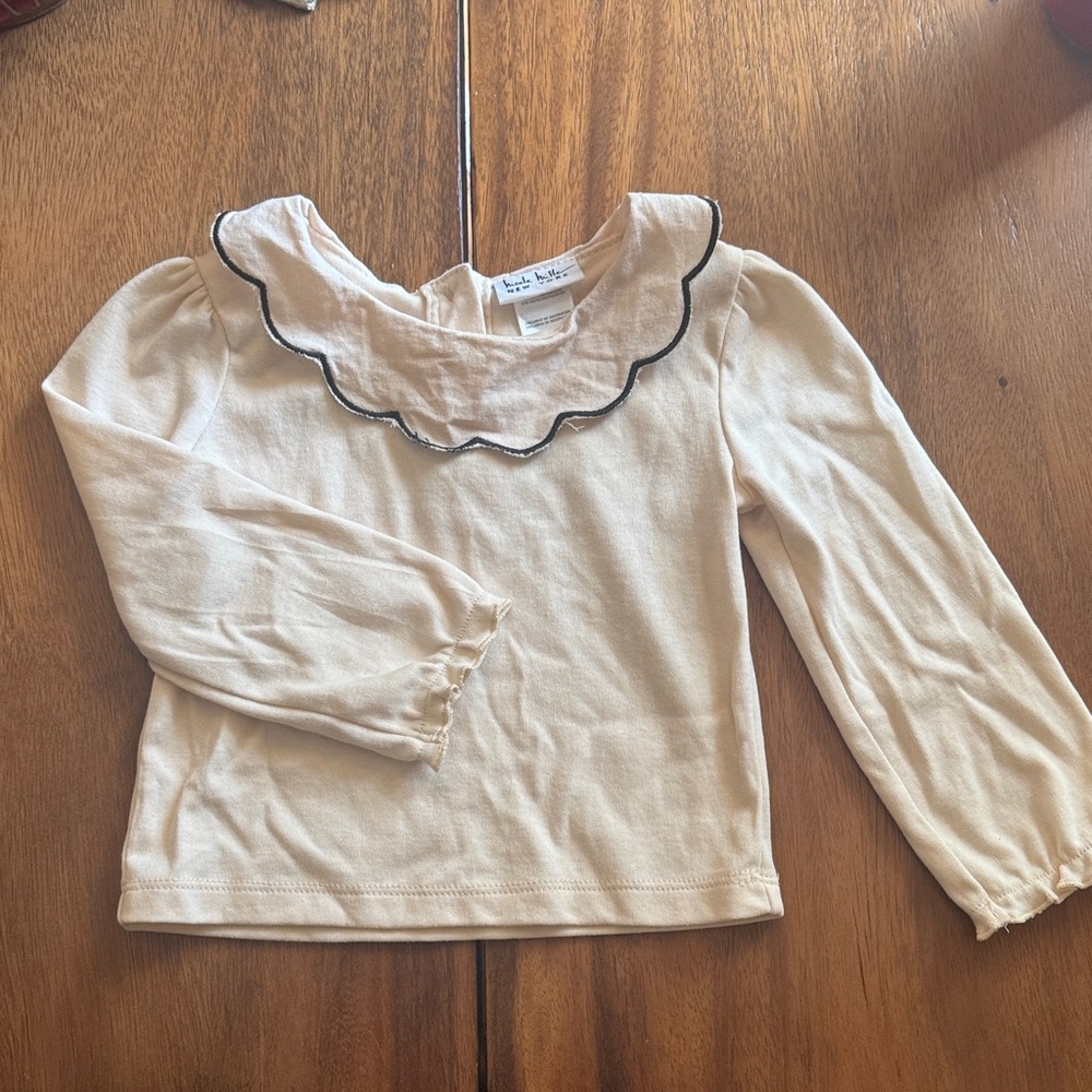 Charming Beige Long Sleeve Kids Top with Scalloped Collar